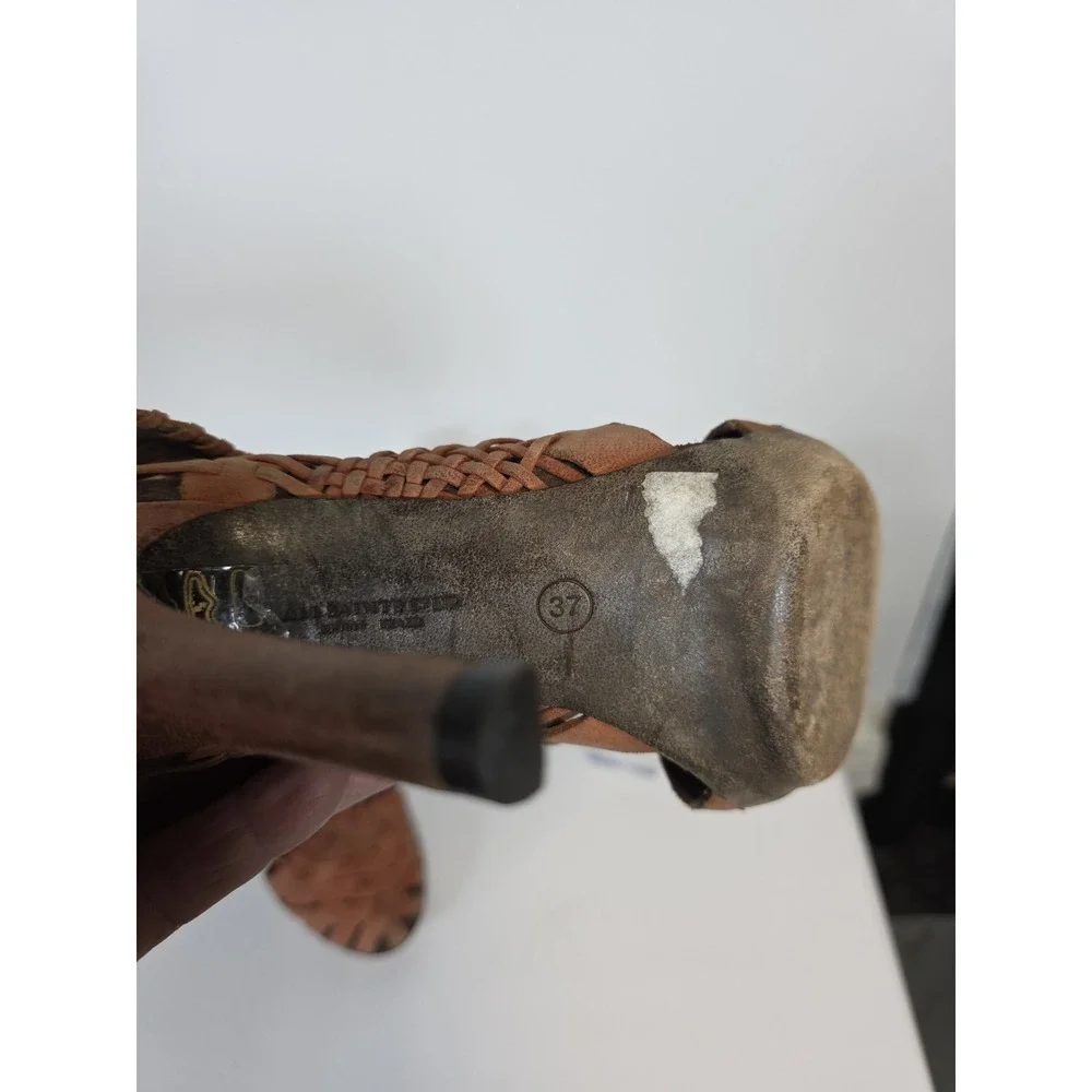 Allsaints‎ Co. Orange Leather Woven Heels Shoes Ankle Buckle 37 TAIN Distressed